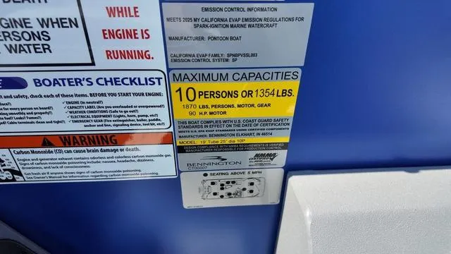 Slide: The Image of Bennington 20 SF Fish 2025 capacity label: 10 persons or 1354 lbs, safety warnings included. - 24