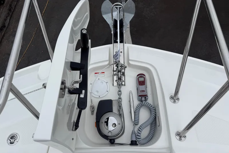 Slide: The Image of Anchor system on 2026 Sea Ray Sundancer 320 boat deck. - 23
