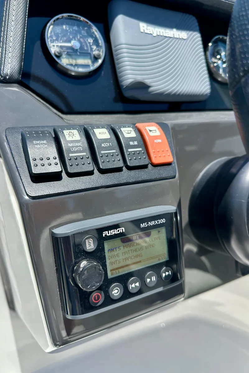 Slide: The Image of Control panel of 2019 Monterey M45 boat with Raymarine and Fusion MS-NRX300 systems. - 22
