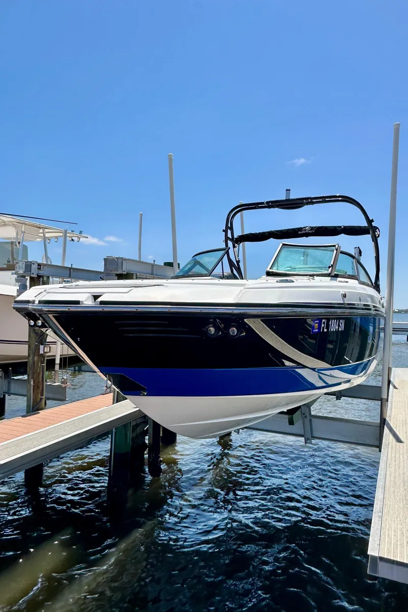 Slide: The Image of 2019 Monterey M45 boat docked, featuring sleek design and modern amenities. - 4
