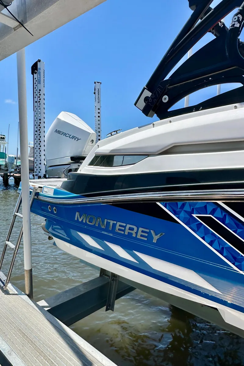 Slide: The Image of 2019 Monterey M45 boat docked, featuring sleek blue and white design. - 6