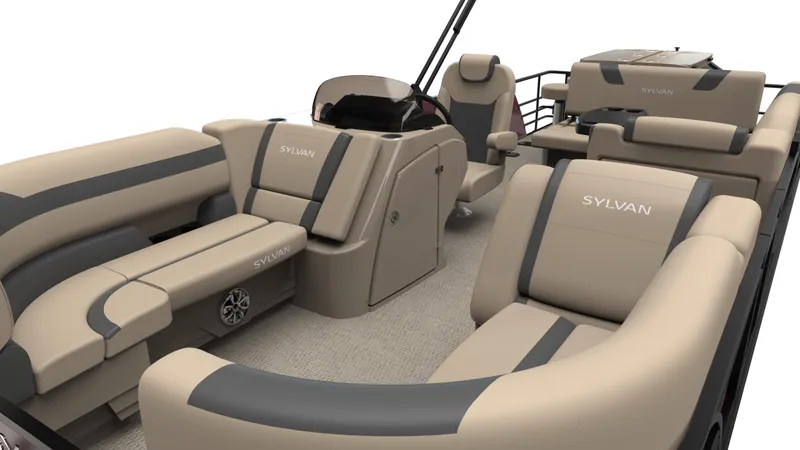 Slide: The Image of 2026 Sylvan L3 DLZ Bar pontoon boat interior with beige and gray seating. - 6