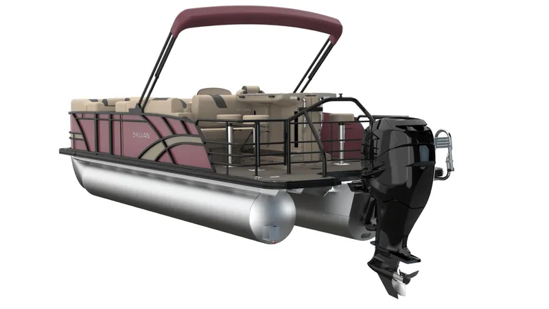 Slide: The Image of 2026 Sylvan L3 DLZ Bar pontoon boat with maroon canopy and powerful outboard motor. - 7