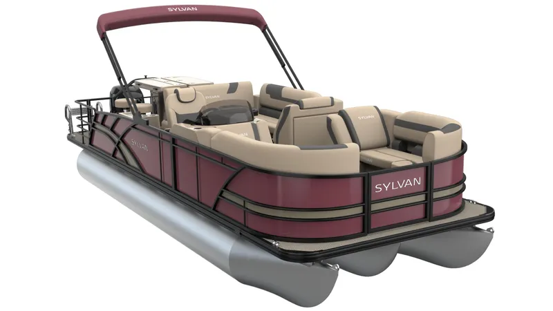 Slide: The Image of 2026 Sylvan L3 DLZ Bar pontoon boat with maroon and beige seating. - 8