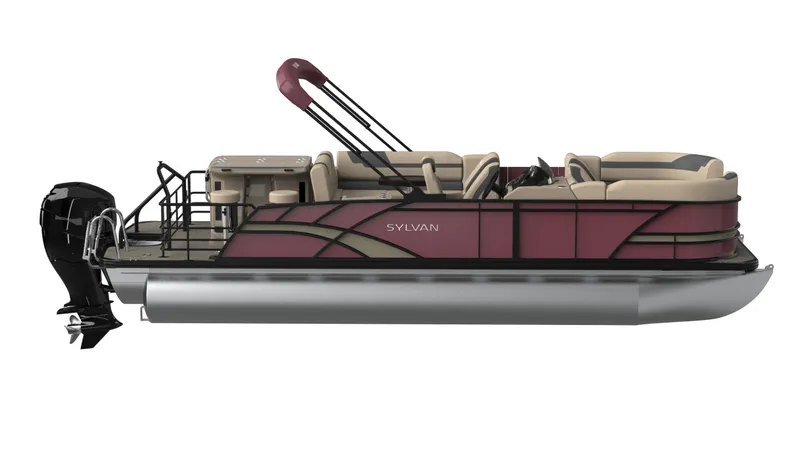 Slide: The Image of 2026 Sylvan L3 DLZ Bar pontoon boat, side view, maroon and beige design. - 9