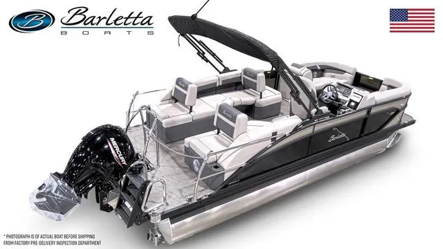 Slide: The Image of 2025 Barletta Boats C22M pontoon with seating, outboard motor, and American flag. - 12