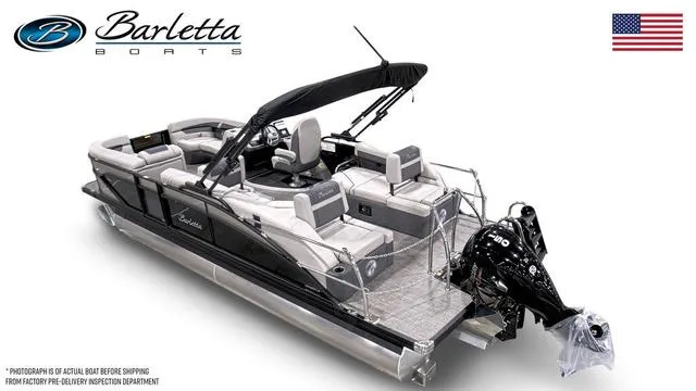 Slide: The Image of 2025 Barletta Boats C22M pontoon with sleek design and powerful engine, featuring luxury seating. - 13