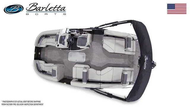 Slide: The Image of 2025 Barletta C22M pontoon boat, top view, showcasing spacious seating and modern design. - 16
