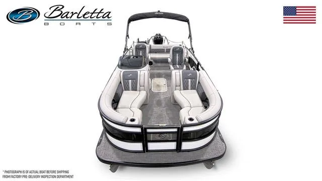 Slide: The Image of 2024 Barletta Lusso L23UC luxury pontoon boat with elegant seating and modern design. - 10