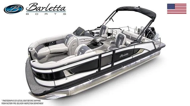 Slide: The Image of 2024 Barletta Lusso L23UC luxury pontoon boat with sleek design and spacious seating. - 11