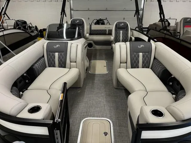 Slide: The Image of 2024 Barletta Lusso L23UC boat interior with luxurious seating and modern design. - 2