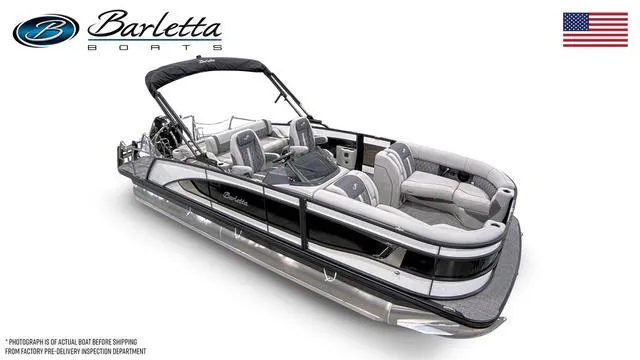 Slide: The Image of 2024 Barletta Lusso L23UC luxury pontoon boat with sleek design and spacious seating. - 9
