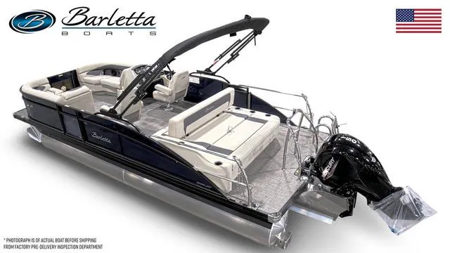 Slide: The Image of 2024 Barletta Aria A22UC pontoon boat with sleek design and powerful Mercury outboard motor. - 3