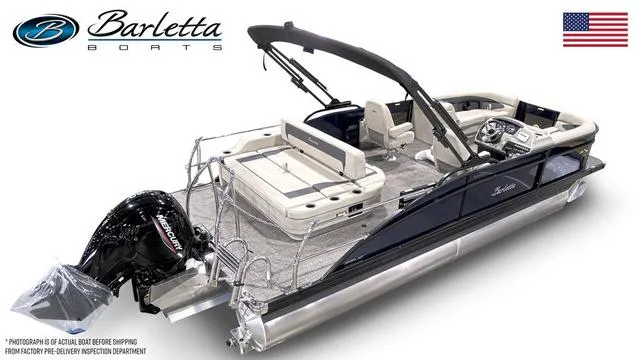 Slide: The Image of 2024 Barletta Aria A22UC pontoon boat with sleek design and powerful Mercury outboard motor. - 5