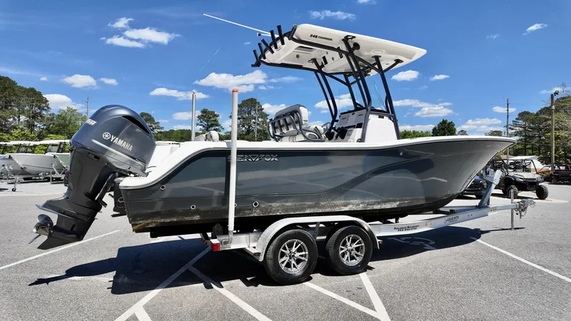 Slide: The Image of 2021 Sea Fox 248 Commander boat on trailer, featuring Yamaha outboard motor. - 1