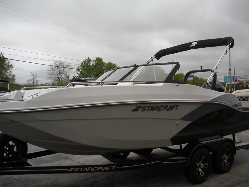 Slide: The Image of 2024 Starcraft SVX 190 OB DC boat on trailer, overcast sky background. - 1