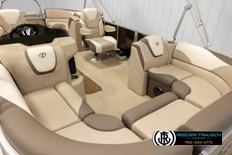 Slide: The Image of Luxurious 2024 Tahoe 2185 LTZ QL pontoon boat interior with plush seating and modern design. - 9