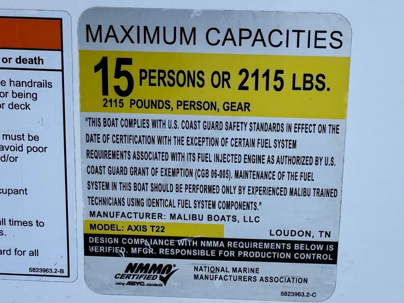 Slide: The Image of Axis T22 boat capacity label: 15 persons or 2115 lbs, compliant with safety standards. - 33
