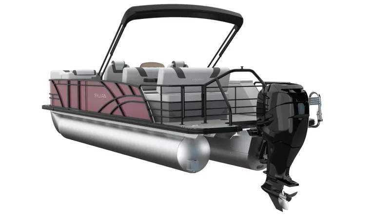 Slide: The Image of 2026 Sylvan L3 DLZ pontoon boat with sleek design and powerful outboard motor. - 10