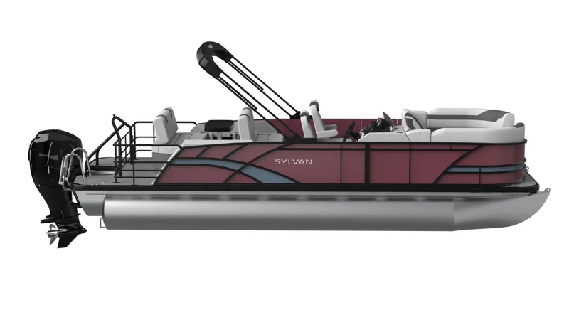 Slide: The Image of 2026 Sylvan L3 DLZ pontoon boat with maroon exterior and modern design. - 2