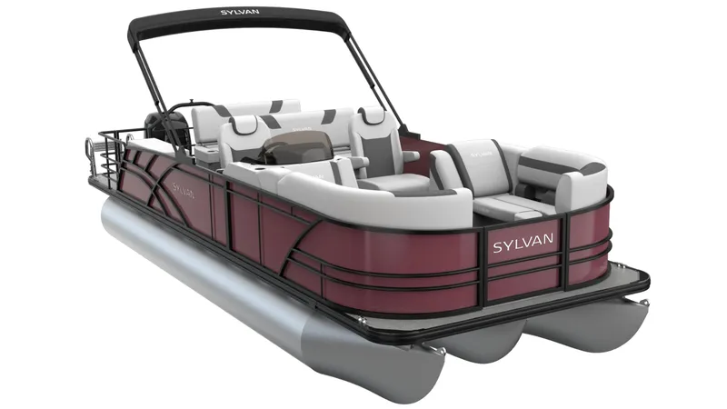Slide: The Image of 2026 Sylvan L3 DLZ pontoon boat with maroon exterior and spacious seating. - 7