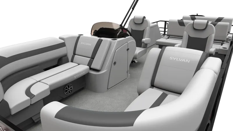 Slide: The Image of 2026 Sylvan L3 DLZ pontoon boat interior with modern seating and helm. - 8