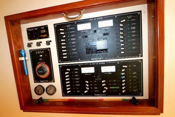Slide: The Image of Electrical panel of a 1991 Atlantic 38 Super Sport boat. - 22