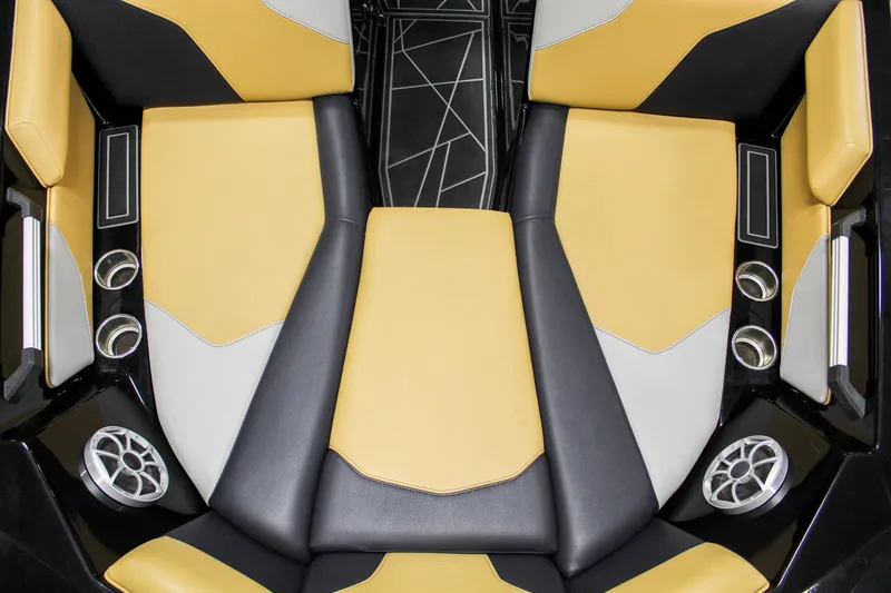 Slide: The Image of 2021 ATX Surf Boats 22 Type-S interior with stylish black and tan seating. - 9