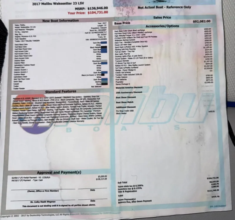 Slide: The Image of 2017 Malibu Wakesetter 23 LSV boat pricing sheet with features and options listed. - 30