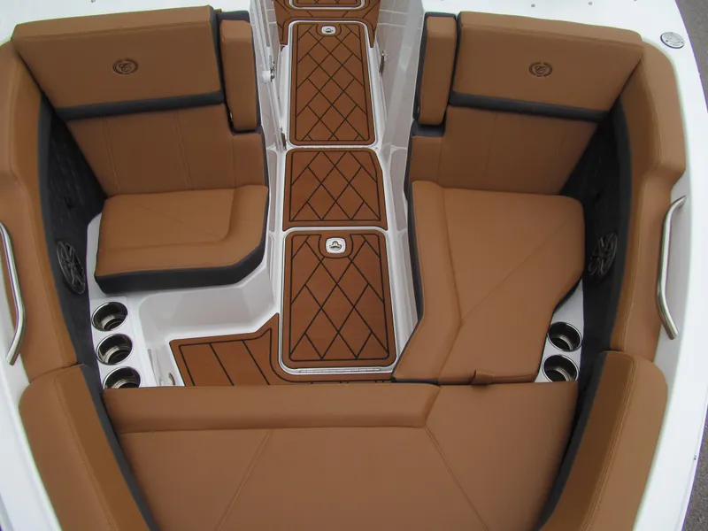 Slide: The Image of Luxurious interior of 2025 Cobalt R6 boat with brown seating and stylish design. - 17