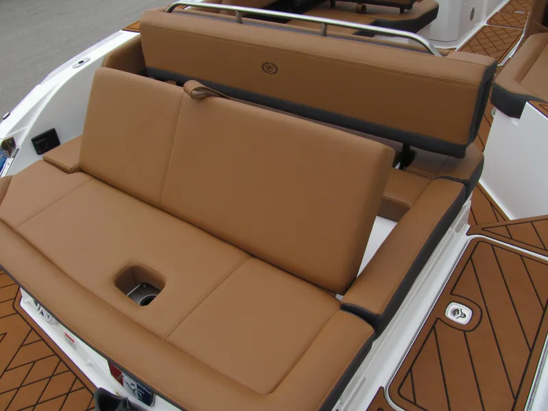Slide: The Image of Luxurious tan seating on 2025 Cobalt R6 boat, featuring sleek design and premium materials. - 8
