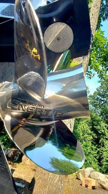 Slide: The Image of Shiny Mercury Enertia propeller on a 2017 Regency 220 DL3 boat, reflecting trees and sky. - 25