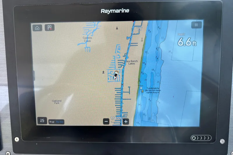 Slide: The Image of Raymarine navigation display on 2008 Sea Ray 48 Sundancer, showing coastal map and depth of 6.6 feet. - 35