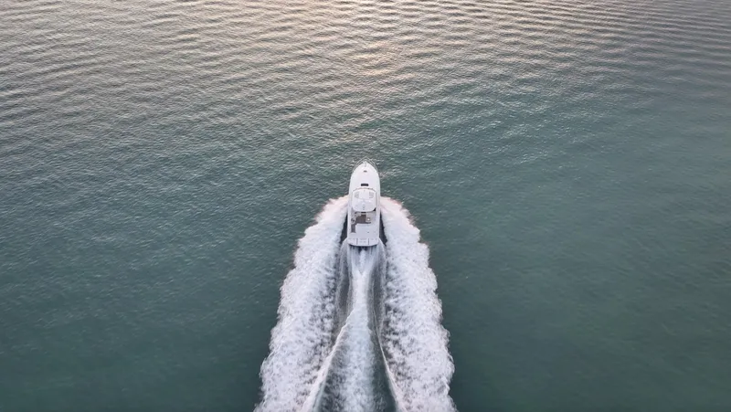 Slide: The Image of Aerial view of 2008 Sea Ray 48 Sundancer cruising on calm water. - 43