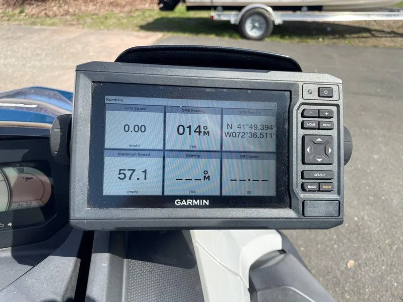 Slide: The Image of Garmin GPS display on 2021 Sea-Doo Fish Pro™ iDF & Sound System, showing speed and coordinates. - 7