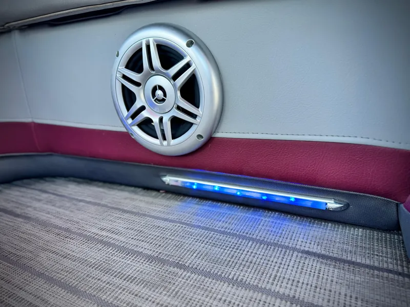 Slide: The Image of Speaker and blue LED light on 2019 Manitou 23 Oasis boat interior. - 17
