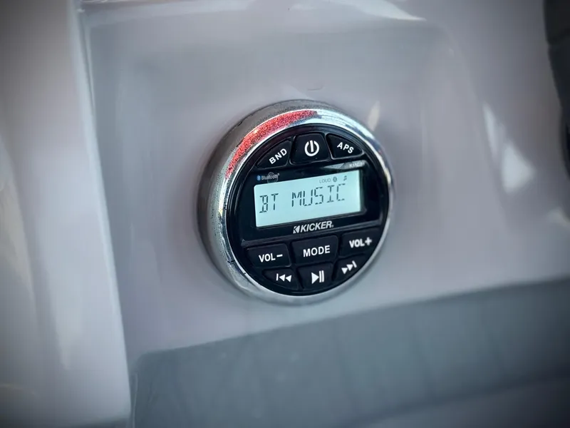 Slide: The Image of 2019 Manitou 23 Oasis boat stereo system displaying 'BT Music' on screen. - 25