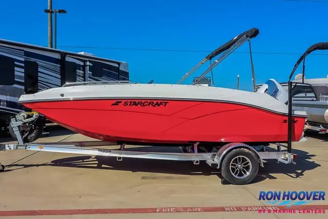 Slide: The Image of 2025 Starcraft SVX171 boat in red on a trailer at a dealership. - 1