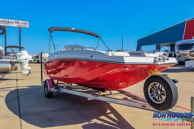 Slide: The Image of 2025 Starcraft SVX171 red boat on trailer at Ron Hoover RV & Marine Center. - 2