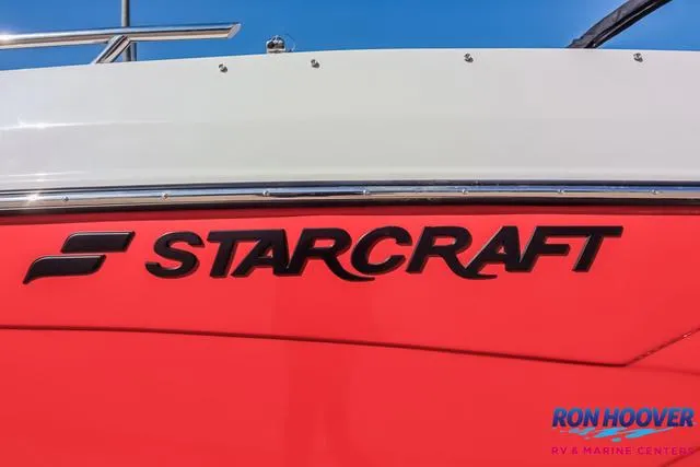 Slide: The Image of 2025 Starcraft SVX171 boat with red and white exterior, displayed at Ron Hoover RV & Marine Center. - 25