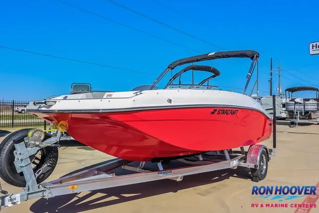 Slide: The Image of 2025 Starcraft SVX171 boat in red on a trailer at Ron Hoover RV & Marine Centers. - 4