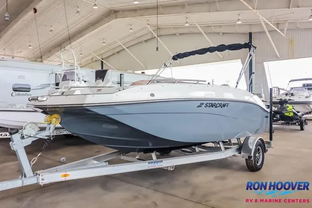 Slide: The Image of 2025 Starcraft SVX171 boat on trailer in showroom, Ron Hoover RV & Marine Centers. - 3