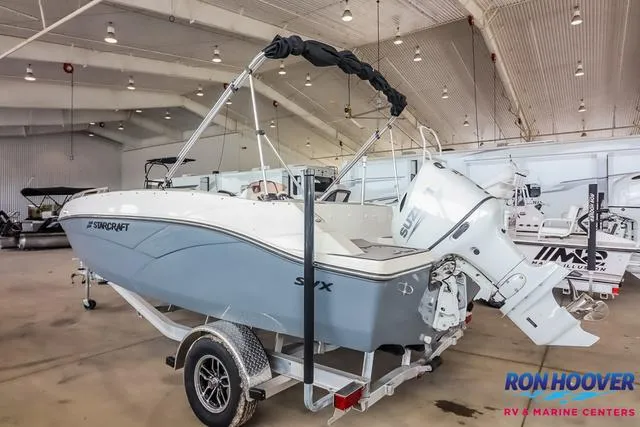 Slide: The Image of 2025 Starcraft SVX171 boat on trailer in showroom, Ron Hoover RV & Marine Centers. - 5