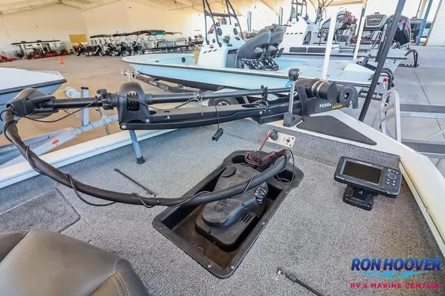 Slide: The Image of 2021 Tracker Pro Team 190 TX TE boat deck with trolling motor and fish finder. - 13