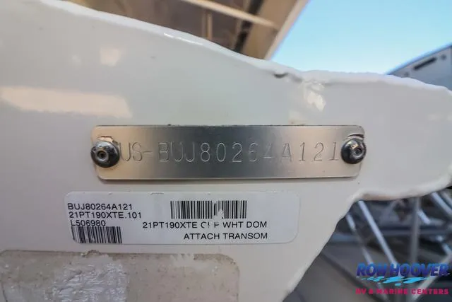 Slide: The Image of 2021 Tracker Pro Team 190 TX TE boat transom with identification plate and serial number. - 28