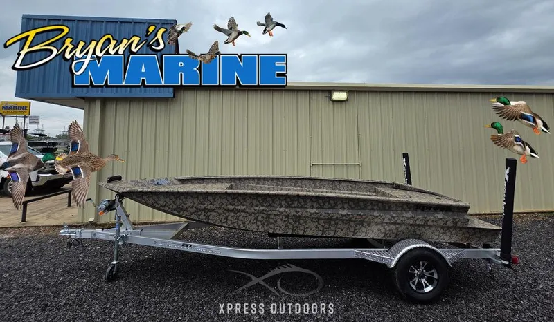 Slide: The Image of Xpress H18DB 2025 boat at Bryan's Marine with flying ducks in the background. - 14