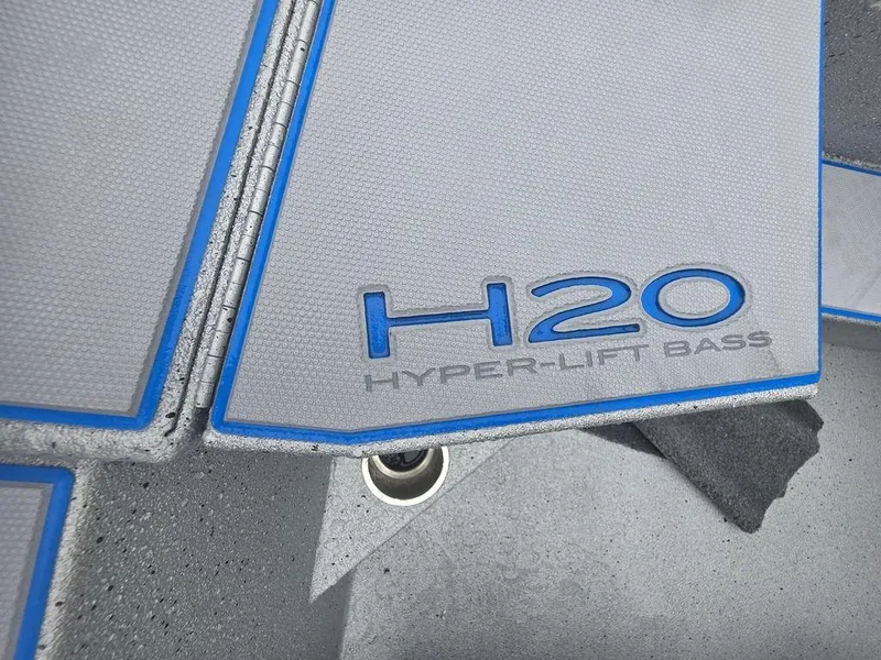 Slide: The Image of 2025 Xpress H20 Bass boat deck with "Hyper-Lift Bass" logo in blue. - 17