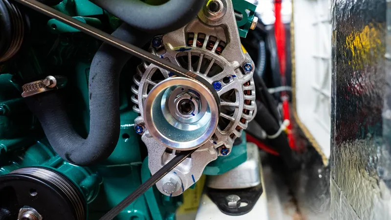 Slide: The Image of Engine detail of a 2020 Bavaria Cruiser 34 sailboat, showcasing mechanical components. - 43