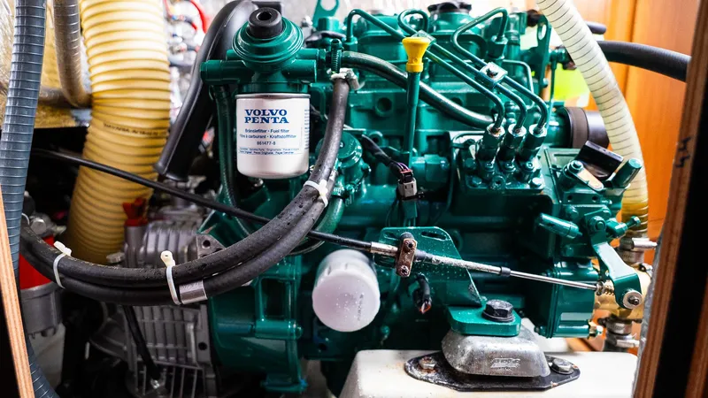 Slide: The Image of Engine compartment of a 2020 Bavaria Cruiser 34 sailboat with Volvo Penta engine. - 45