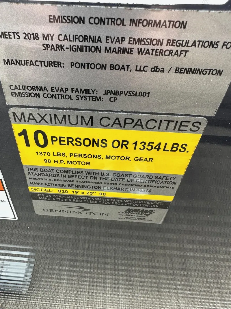 Slide: The Image of 2018 Bennington 20 SSN Pontoon capacity label, 10 persons or 1354 lbs, emission info. - 12
